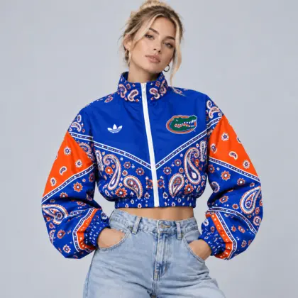 Florida Gators | Premium NCAA Women's Vintage Paisley Bandana Print Full Zip Cropped Bomber Jacket NDN