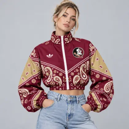 Florida State Seminoles | Premium NCAA Women's Vintage Paisley Bandana Print Full Zip Cropped Bomber Jacket NDN