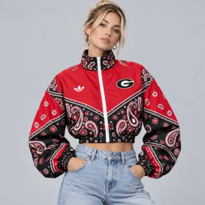Georgia Bulldogs | Premium NCAA Women's Vintage Paisley Bandana Print Full Zip Cropped Bomber Jacket NDN