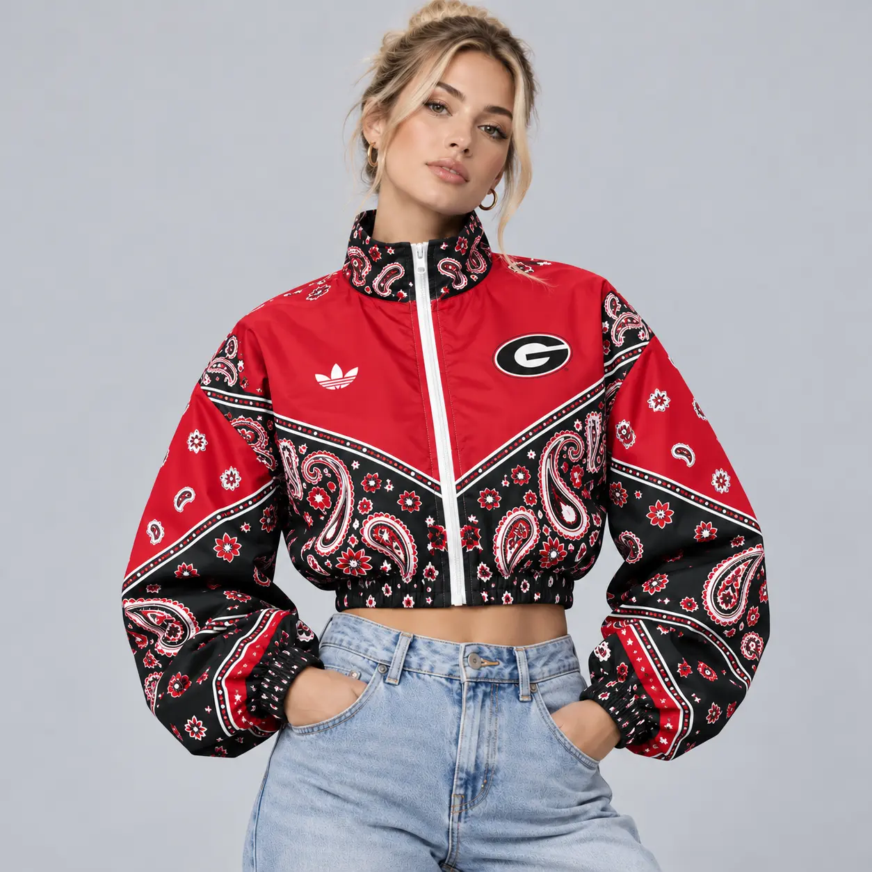 Georgia Bulldogs | Premium NCAA Women's Vintage Paisley Bandana Print Full Zip Cropped Bomber Jacket NDN