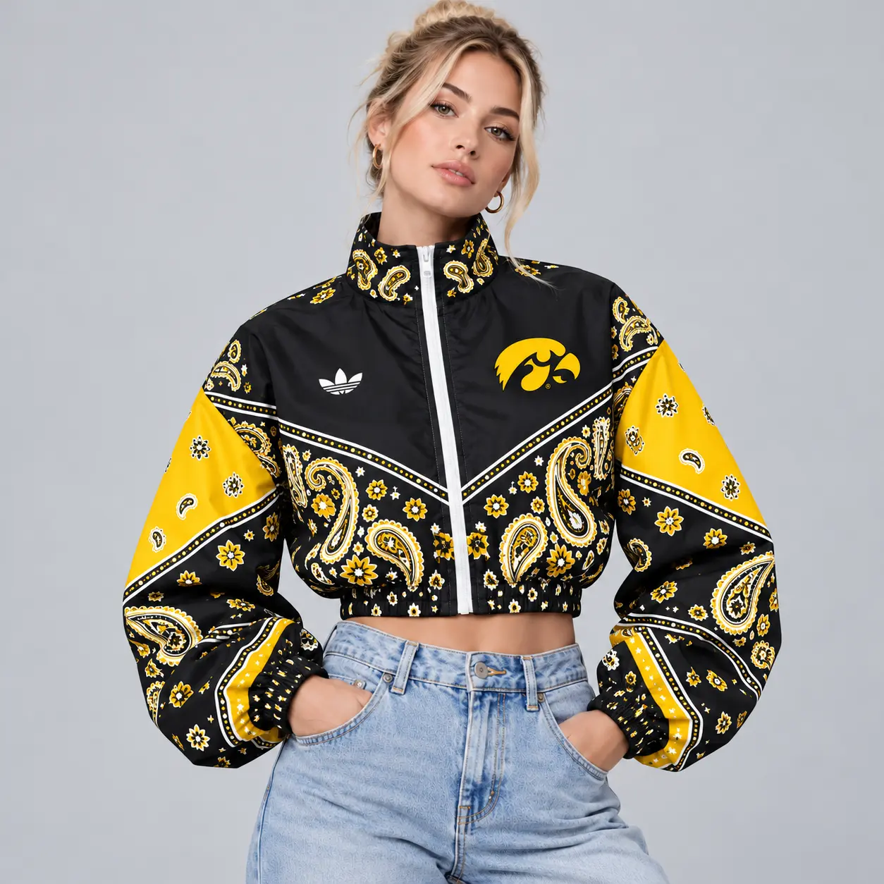 Iowa Hawkeyes | Premium NCAA Women's Vintage Paisley Bandana Print Full Zip Cropped Bomber Jacket NDN