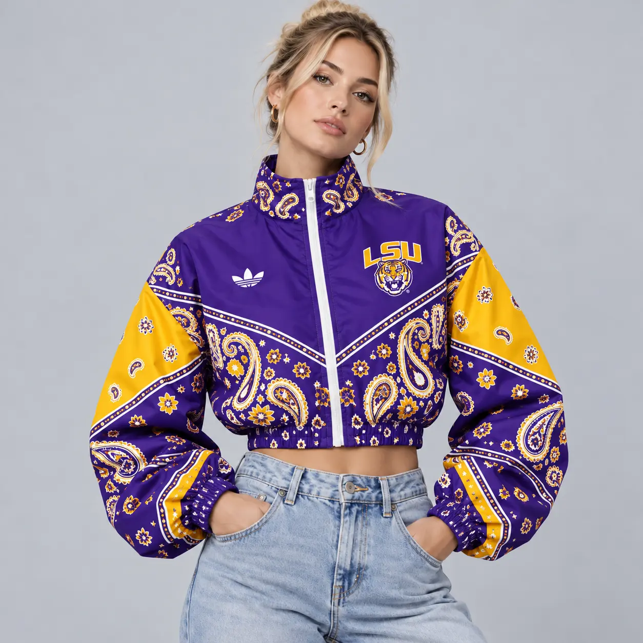 Lsu Tigers | Premium NCAA Women's Vintage Paisley Bandana Print Full Zip Cropped Bomber Jacket NDN