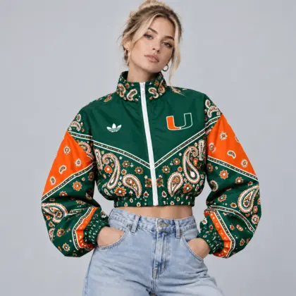 Miami Hurricanes | Premium NCAA Women's Vintage Paisley Bandana Print Full Zip Cropped Bomber Jacket NDN