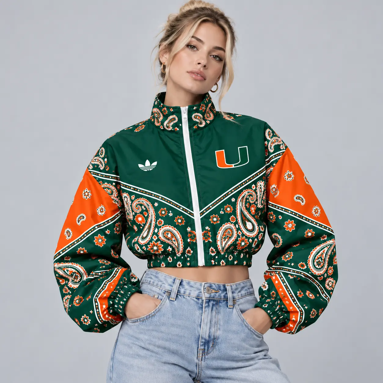 Miami Hurricanes | Premium NCAA Women's Vintage Paisley Bandana Print Full Zip Cropped Bomber Jacket NDN