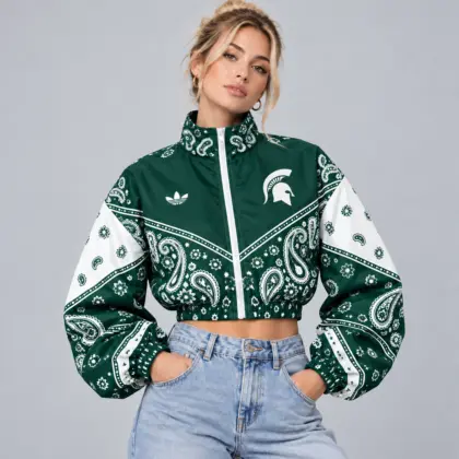 Michigan State Spartans | Premium NCAA Women's Vintage Paisley Bandana Print Full Zip Cropped Bomber Jacket NDN