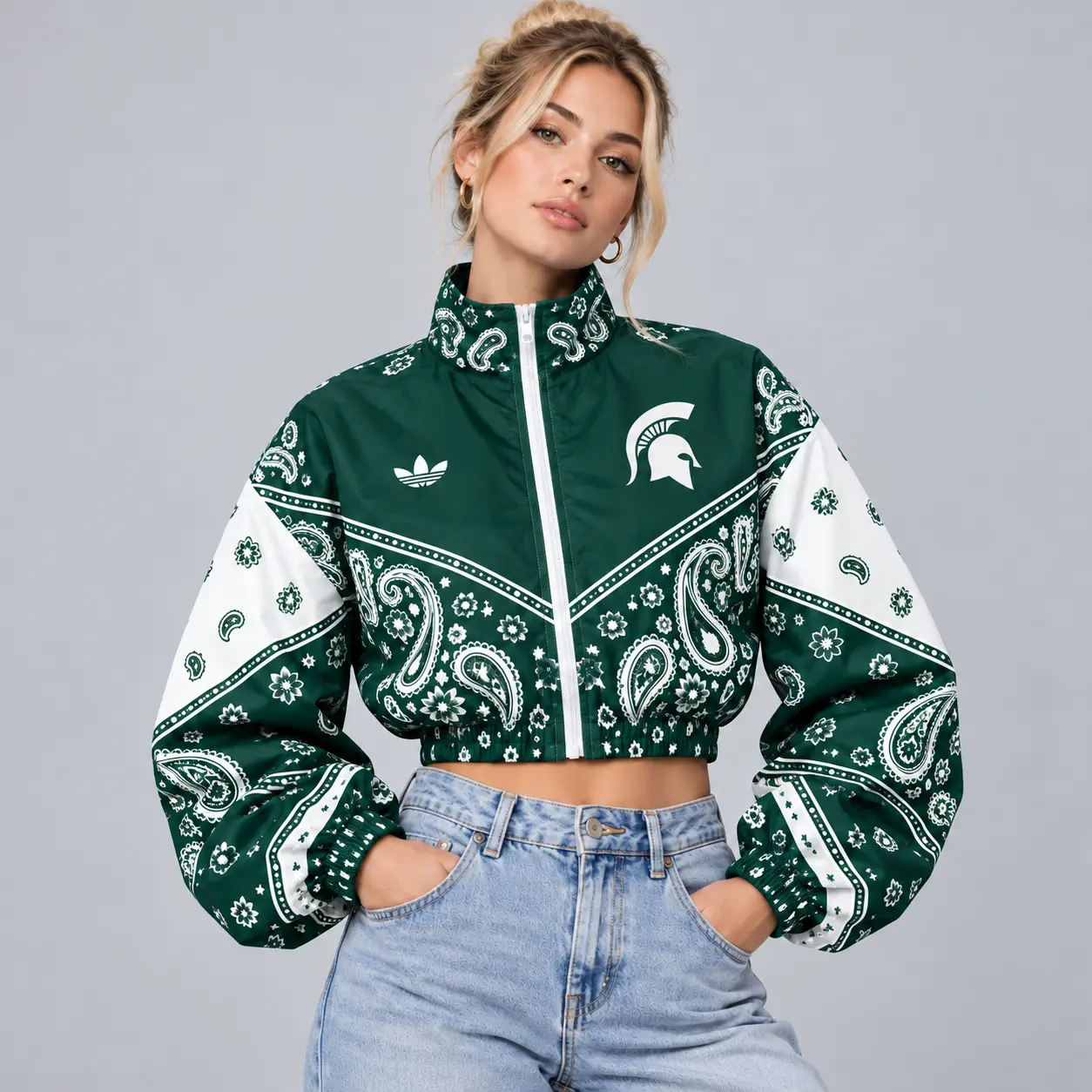 Michigan State Spartans | Premium NCAA Women's Vintage Paisley Bandana Print Full Zip Cropped Bomber Jacket NDN
