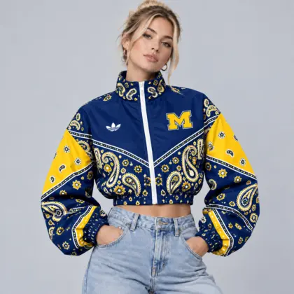 Michigan Wolverines | Premium NCAA Women's Vintage Paisley Bandana Print Full Zip Cropped Bomber Jacket NDN