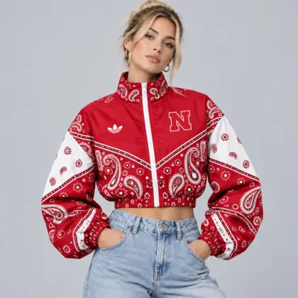 Nebraska Cornhuskers | Premium NCAA Women's Vintage Paisley Bandana Print Full Zip Cropped Bomber Jacket NDN