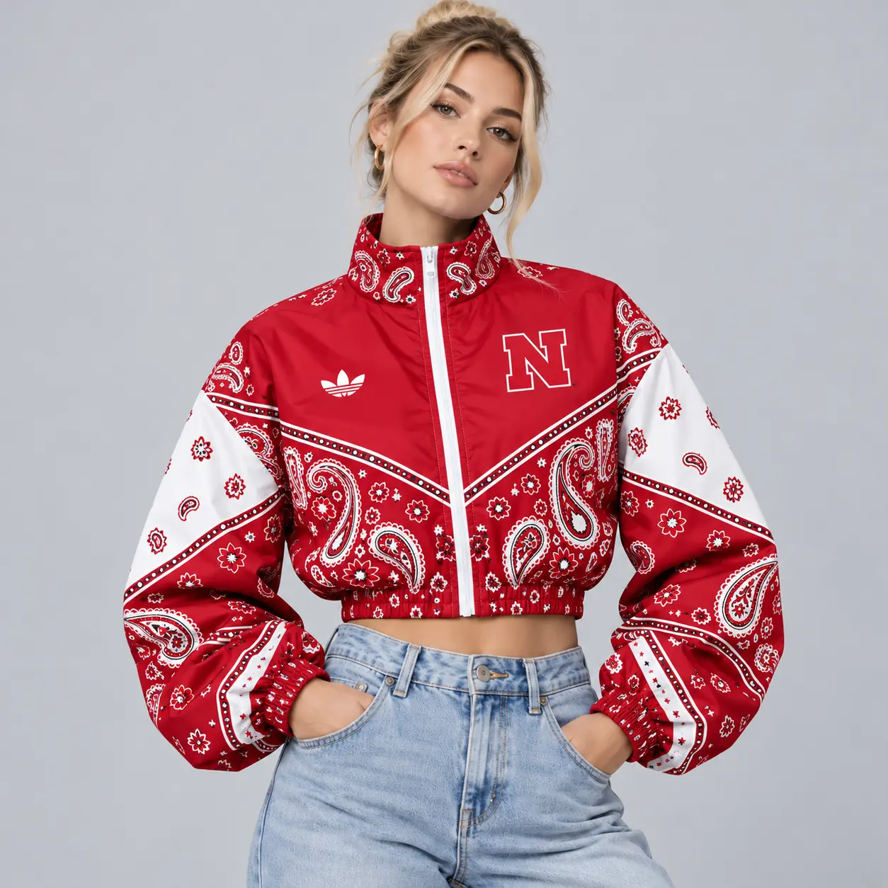 Nebraska Cornhuskers | Premium NCAA Women's Vintage Paisley Bandana Print Full Zip Cropped Bomber Jacket NDN