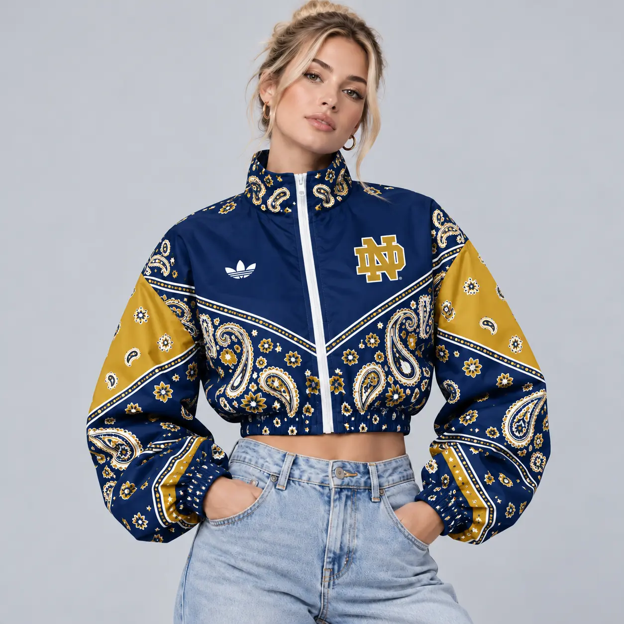 Notre Dame Fighting Irish | Premium NCAA Women's Vintage Paisley Bandana Print Full Zip Cropped Bomber Jacket NDN