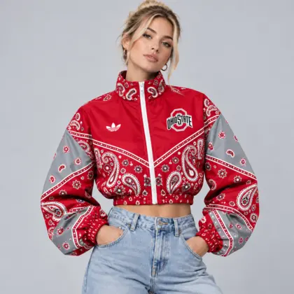 Ohio State Buckeyes | Premium NCAA Women's Vintage Paisley Bandana Print Full Zip Cropped Bomber Jacket NDN