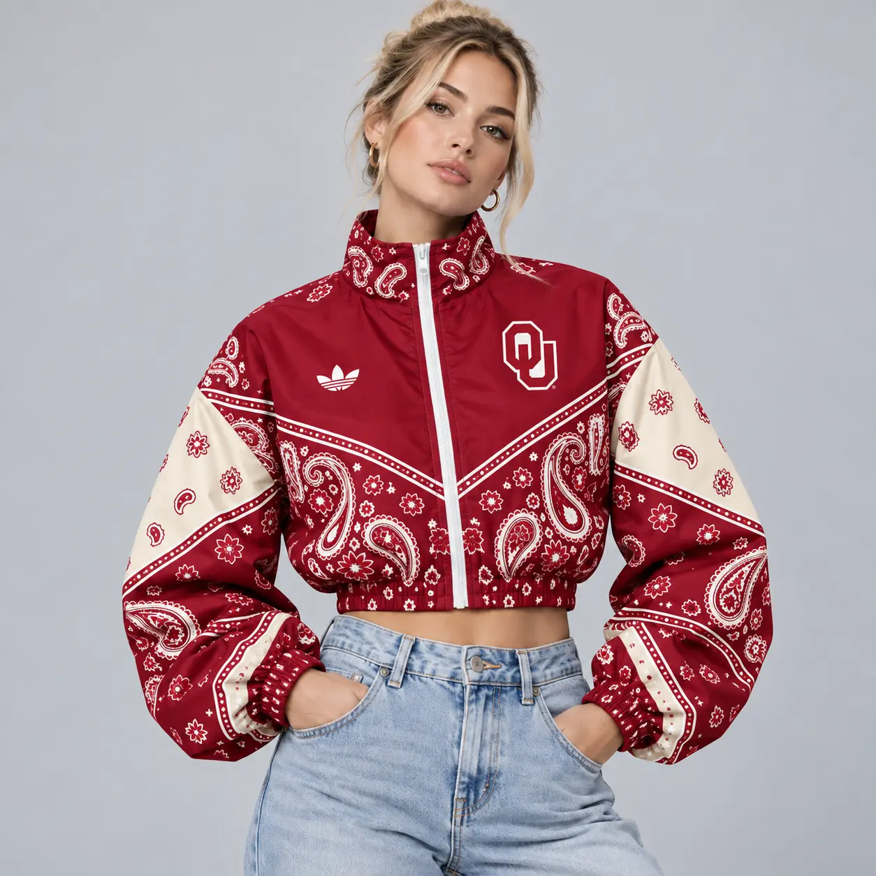 Oklahoma Sooners | Premium NCAA Women's Vintage Paisley Bandana Print Full Zip Cropped Bomber Jacket NDN