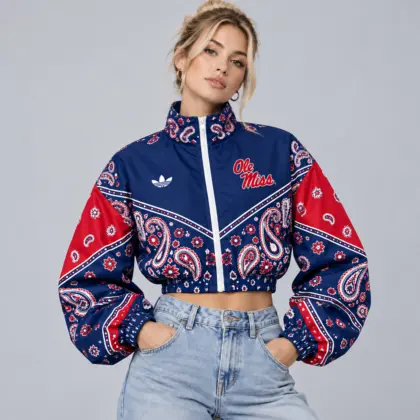 Ole Miss Rebels | Premium NCAA Women's Vintage Paisley Bandana Print Full Zip Cropped Bomber Jacket NDN