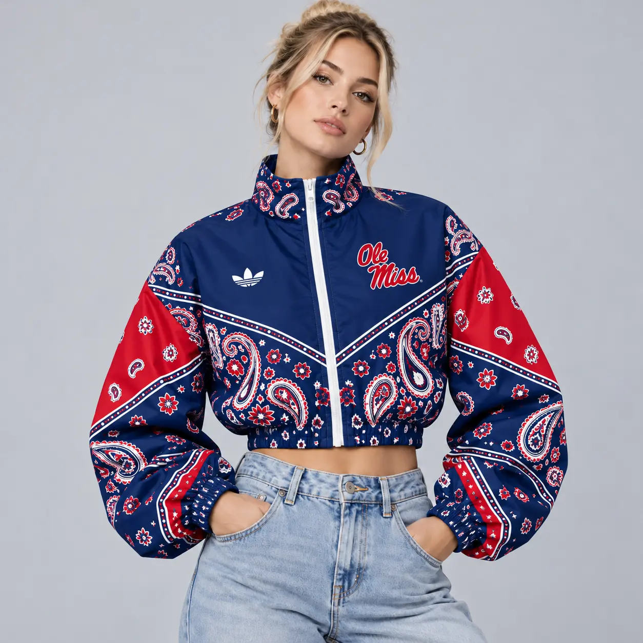 Ole Miss Rebels | Premium NCAA Women's Vintage Paisley Bandana Print Full Zip Cropped Bomber Jacket NDN
