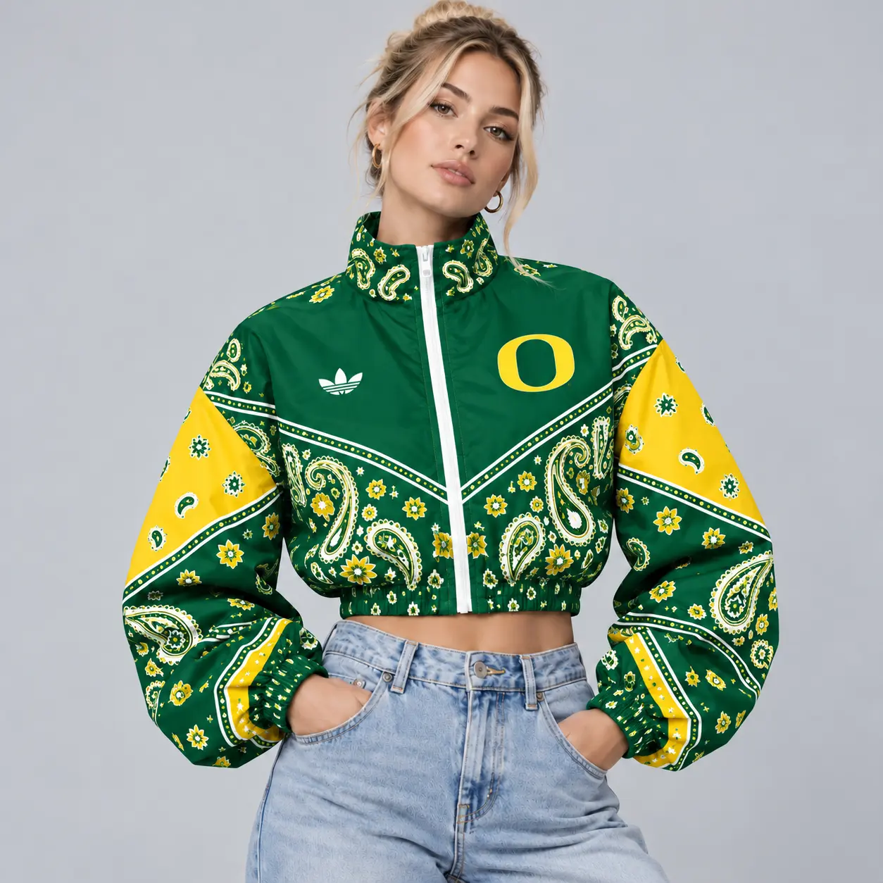 Oregon Ducks | Premium NCAA Women's Vintage Paisley Bandana Print Full Zip Cropped Bomber Jacket NDN