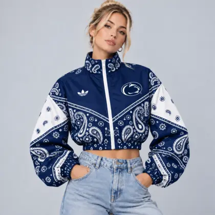 Penn State Nittany Lions | Premium NCAA Women's Vintage Paisley Bandana Print Full Zip Cropped Bomber Jacket NDN