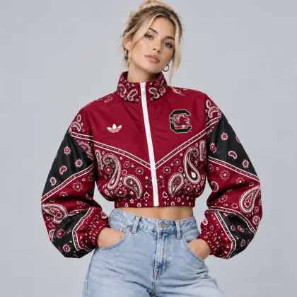 South Carolina Gamecocks | Premium NCAA Women's Vintage Paisley Bandana Print Full Zip Cropped Bomber Jacket NDN
