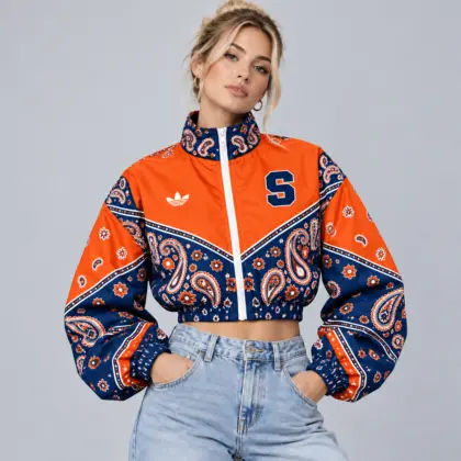 Syracuse Orange | Premium NCAA Women's Vintage Paisley Bandana Print Full Zip Cropped Bomber Jacket NDN