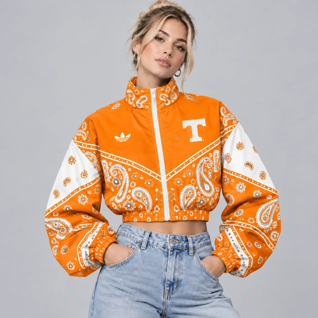 Tennessee Volunteers | Premium NCAA Women's Vintage Paisley Bandana Print Full Zip Cropped Bomber Jacket NDN