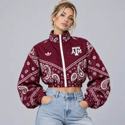 Texas A&m Aggies | Premium NCAA Women's Vintage Paisley Bandana Print Full Zip Cropped Bomber Jacket NDN