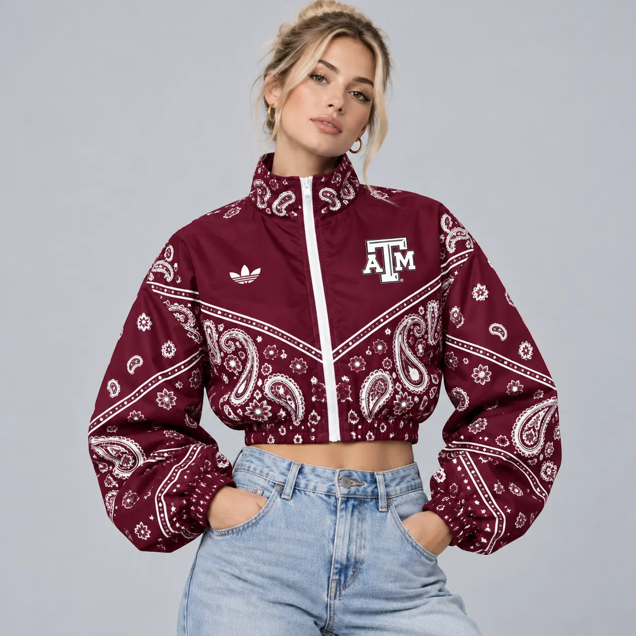 Texas A&m Aggies | Premium NCAA Women's Vintage Paisley Bandana Print Full Zip Cropped Bomber Jacket NDN