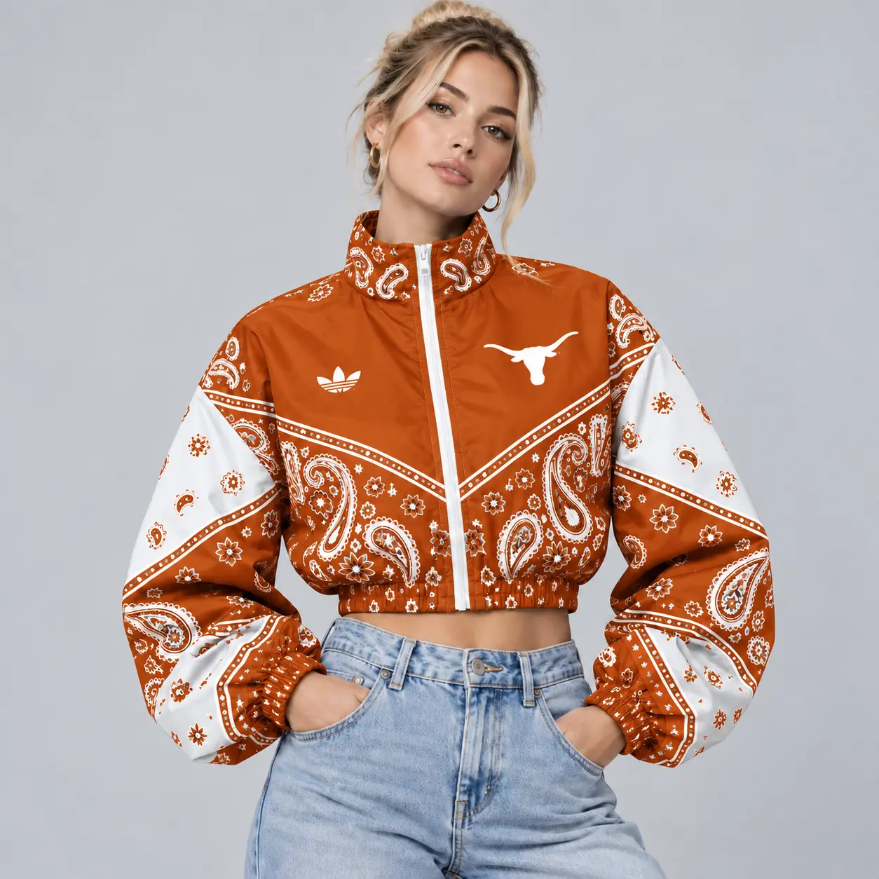 Texas Longhorns | Premium NCAA Women's Vintage Paisley Bandana Print Full Zip Cropped Bomber Jacket NDN