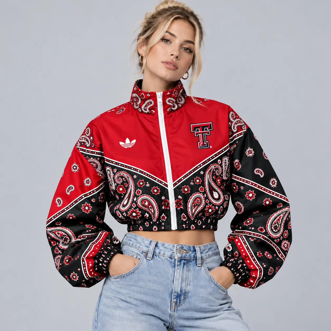 Texas Tech Red Raiders | Premium NCAA Women's Vintage Paisley Bandana Print Full Zip Cropped Bomber Jacket NDN