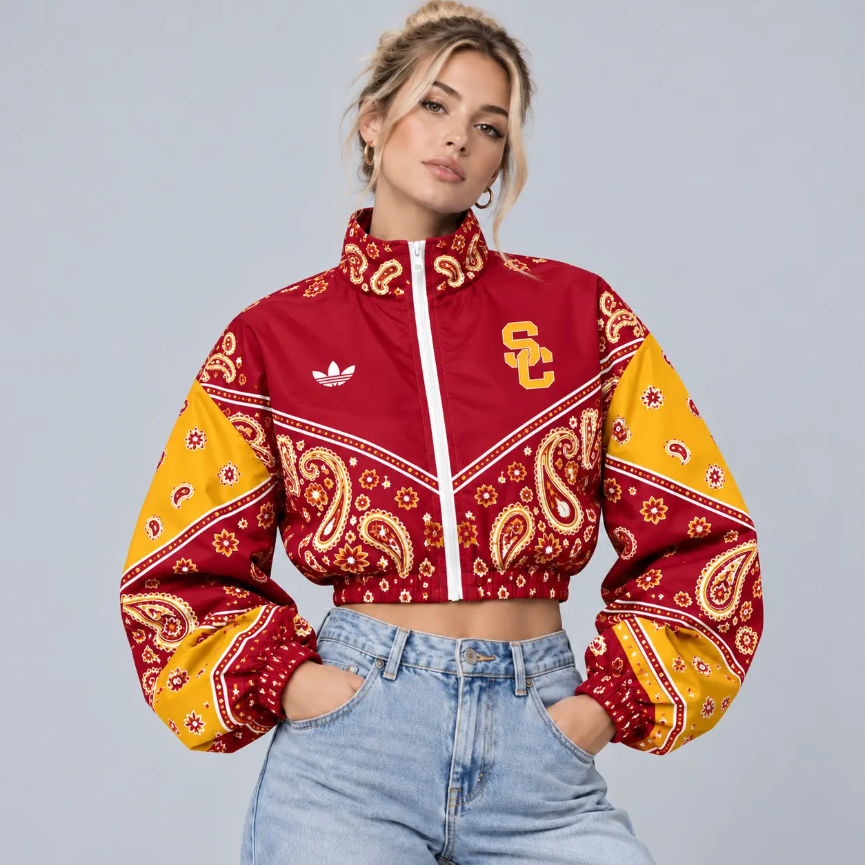 Usc Trojans | Premium NCAA Women's Vintage Paisley Bandana Print Full Zip Cropped Bomber Jacket NDN