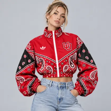 Utah Utes | Premium NCAA Women's Vintage Paisley Bandana Print Full Zip Cropped Bomber Jacket NDN