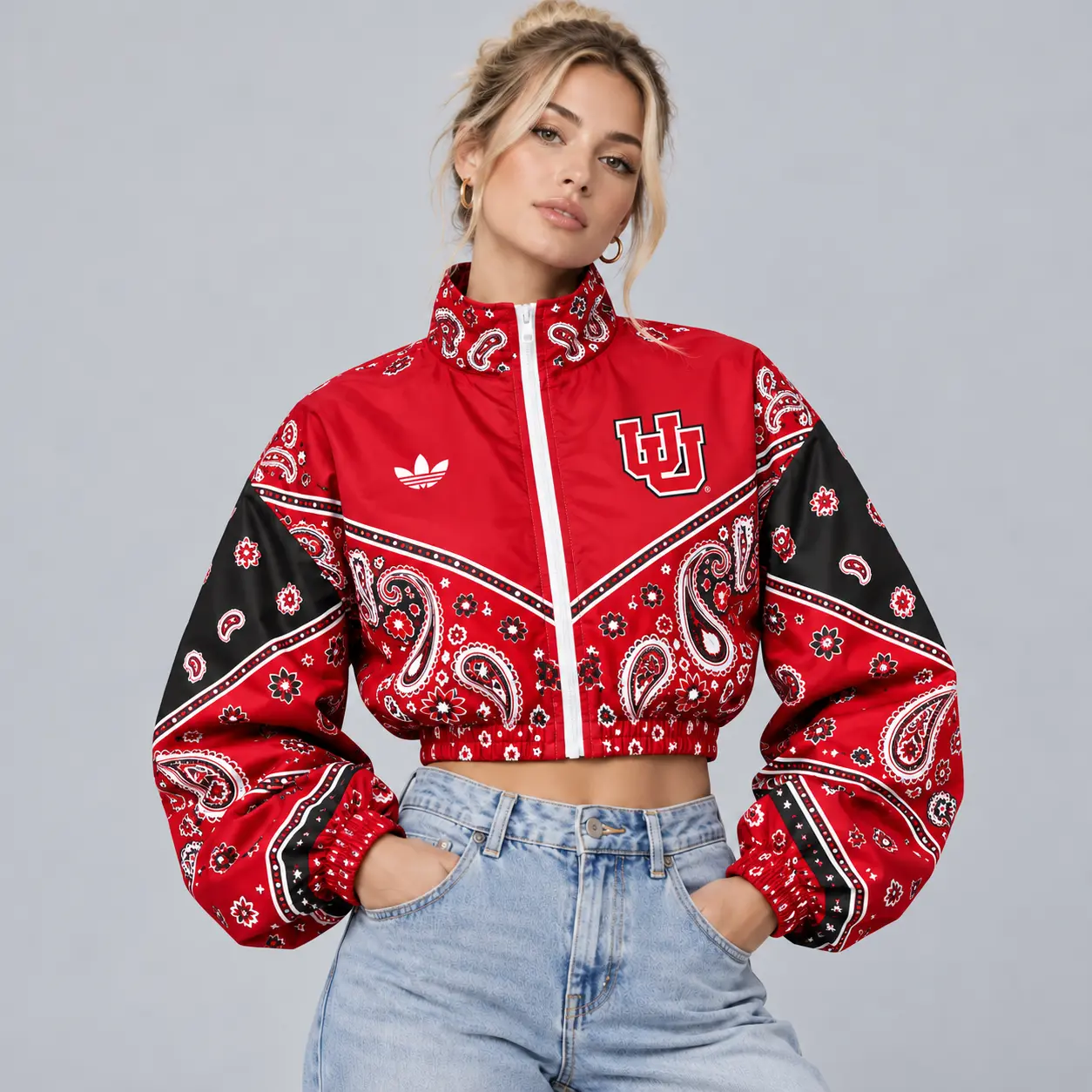 Utah Utes | Premium NCAA Women's Vintage Paisley Bandana Print Full Zip Cropped Bomber Jacket NDN