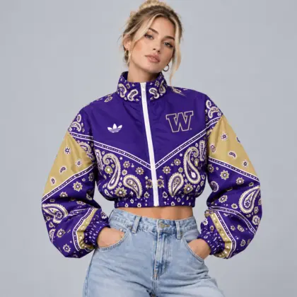 Washington Huskies | Premium NCAA Women's Vintage Paisley Bandana Print Full Zip Cropped Bomber Jacket NDN