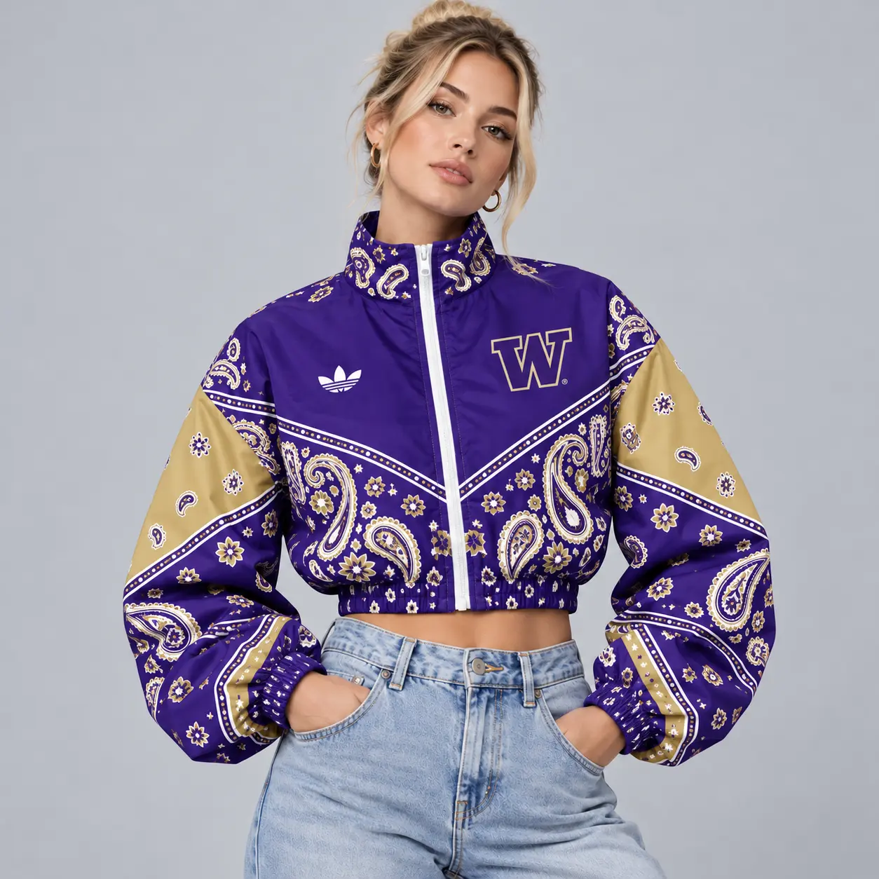 Washington Huskies | Premium NCAA Women's Vintage Paisley Bandana Print Full Zip Cropped Bomber Jacket NDN