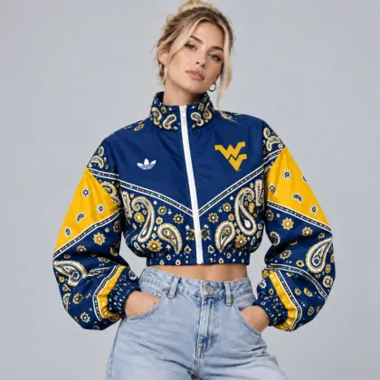 West Virginia Mountaineers | Premium NCAA Women's Vintage Paisley Bandana Print Full Zip Cropped Bomber Jacket NDN