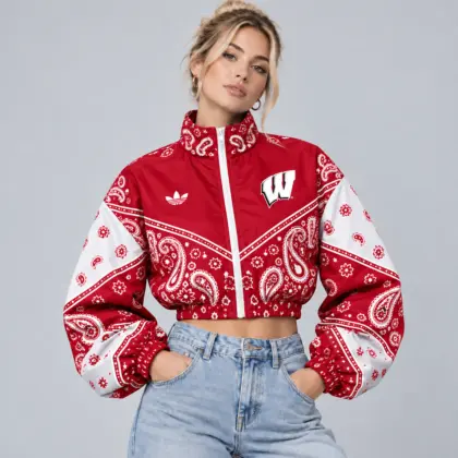 Wisconsin Badgers | Premium NCAA Women's Vintage Paisley Bandana Print Full Zip Cropped Bomber Jacket NDN