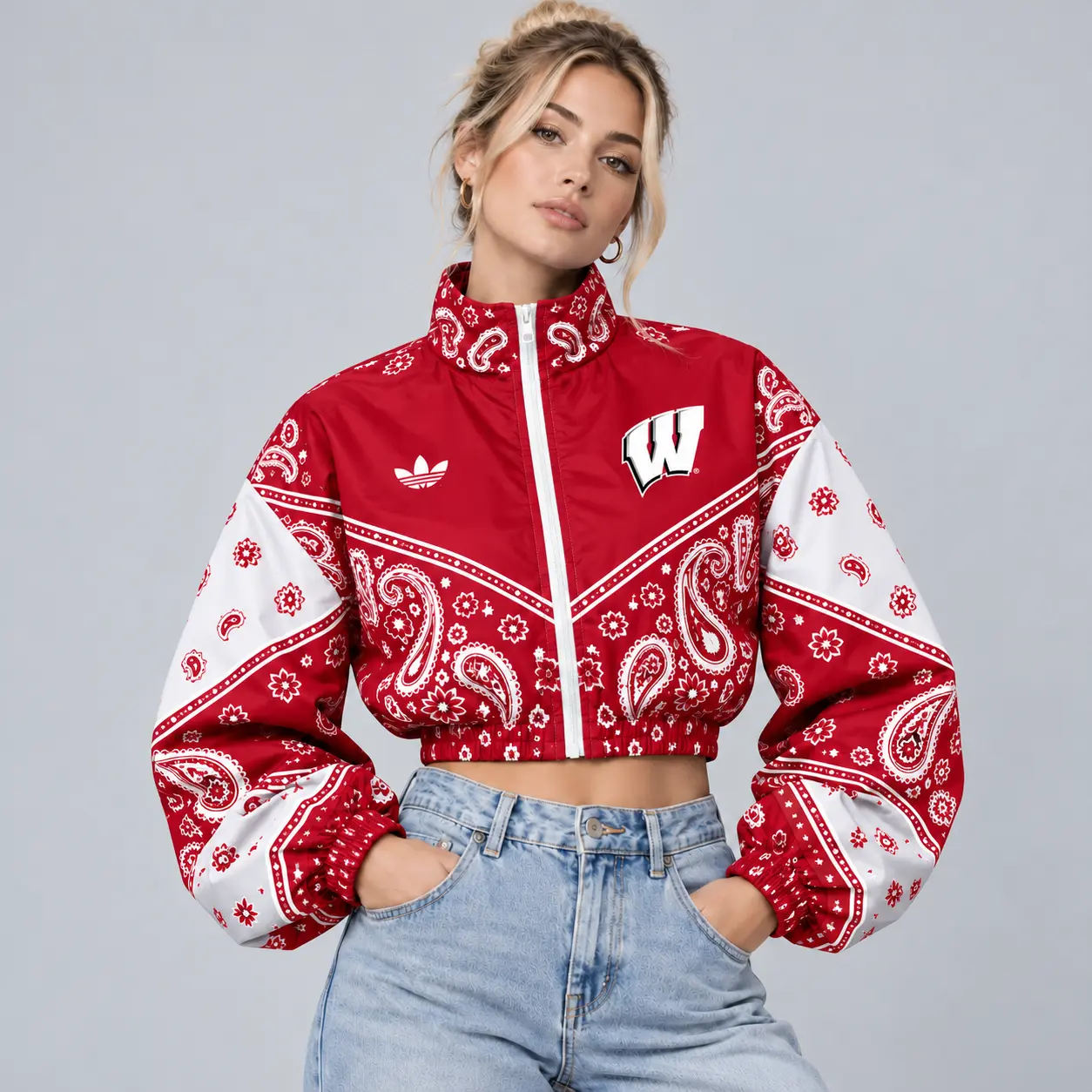 Wisconsin Badgers | Premium NCAA Women's Vintage Paisley Bandana Print Full Zip Cropped Bomber Jacket NDN