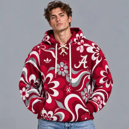 Alabama Crimson Tide | Premium NCAA Retro Groovy Floral Swirl Print Lace Up V Neck Pullover Hoodie NDN