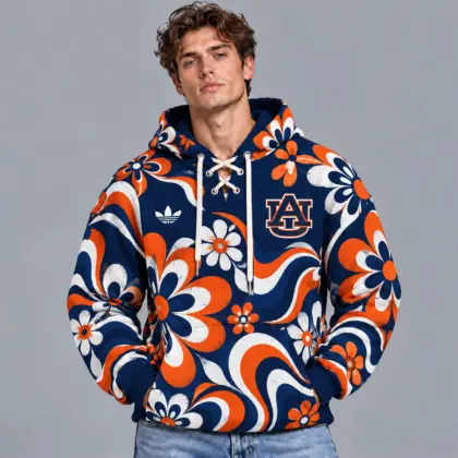 Auburn Tigers | Premium NCAA Retro Groovy Floral Swirl Print Lace Up V Neck Pullover Hoodie NDN
