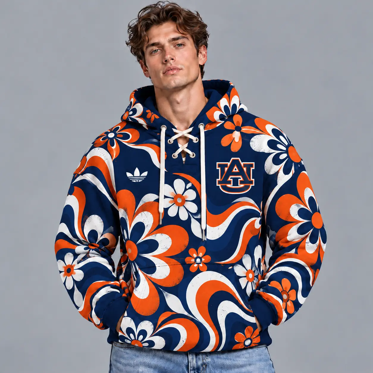 Auburn Tigers | Premium NCAA Retro Groovy Floral Swirl Print Lace Up V Neck Pullover Hoodie NDN
