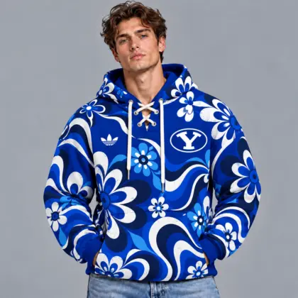 Byu Cougars | Premium NCAA Retro Groovy Floral Swirl Print Lace Up V Neck Pullover Hoodie NDN