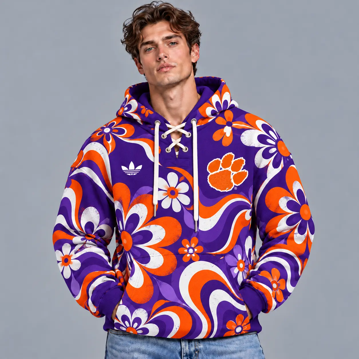 Clemson Tigers | Premium NCAA Retro Groovy Floral Swirl Print Lace Up V Neck Pullover Hoodie NDN