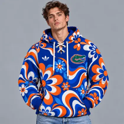 Florida Gators | Premium NCAA Retro Groovy Floral Swirl Print Lace Up V Neck Pullover Hoodie NDN