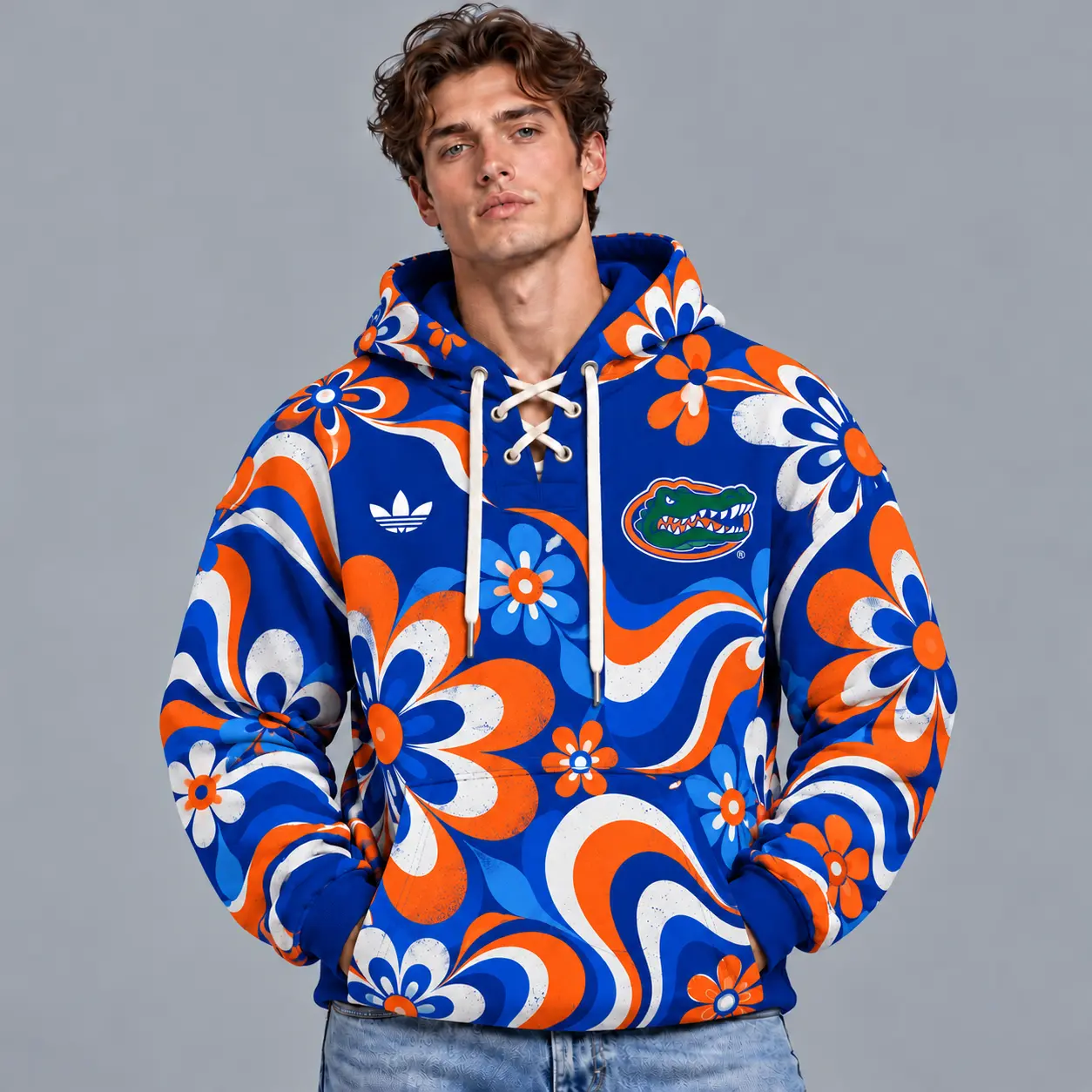 Florida Gators | Premium NCAA Retro Groovy Floral Swirl Print Lace Up V Neck Pullover Hoodie NDN
