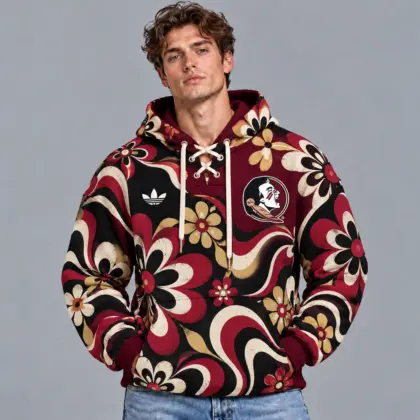 Florida State Seminoles | Premium NCAA Retro Groovy Floral Swirl Print Lace Up V Neck Pullover Hoodie NDN