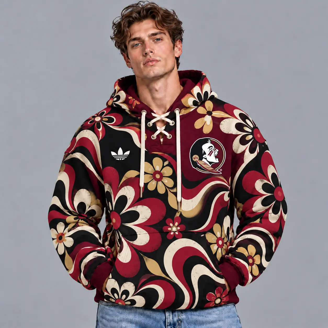 Florida State Seminoles | Premium NCAA Retro Groovy Floral Swirl Print Lace Up V Neck Pullover Hoodie NDN
