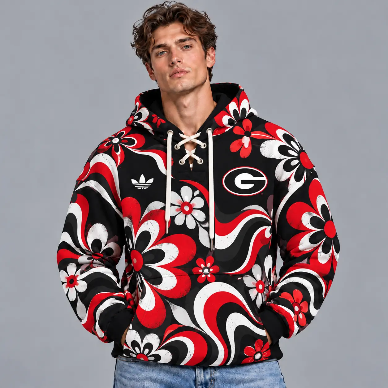 Georgia Bulldogs | Premium NCAA Retro Groovy Floral Swirl Print Lace Up V Neck Pullover Hoodie NDN
