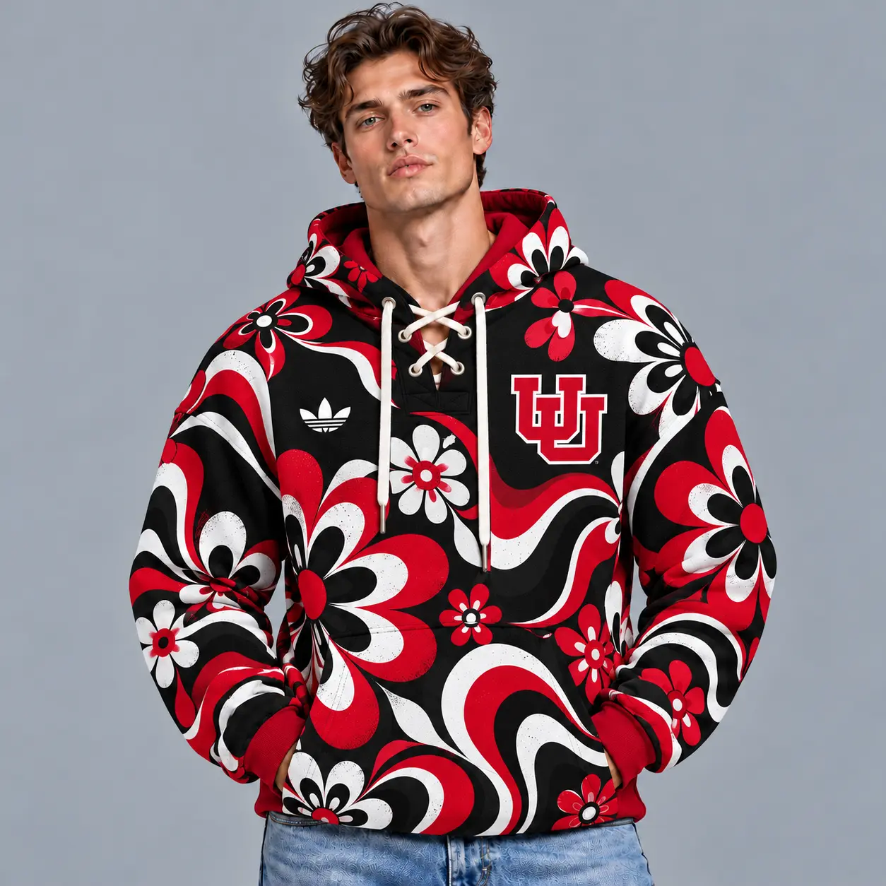 Houston Cougars | Premium NCAA Retro Groovy Floral Swirl Print Lace Up V Neck Pullover Hoodie NDN