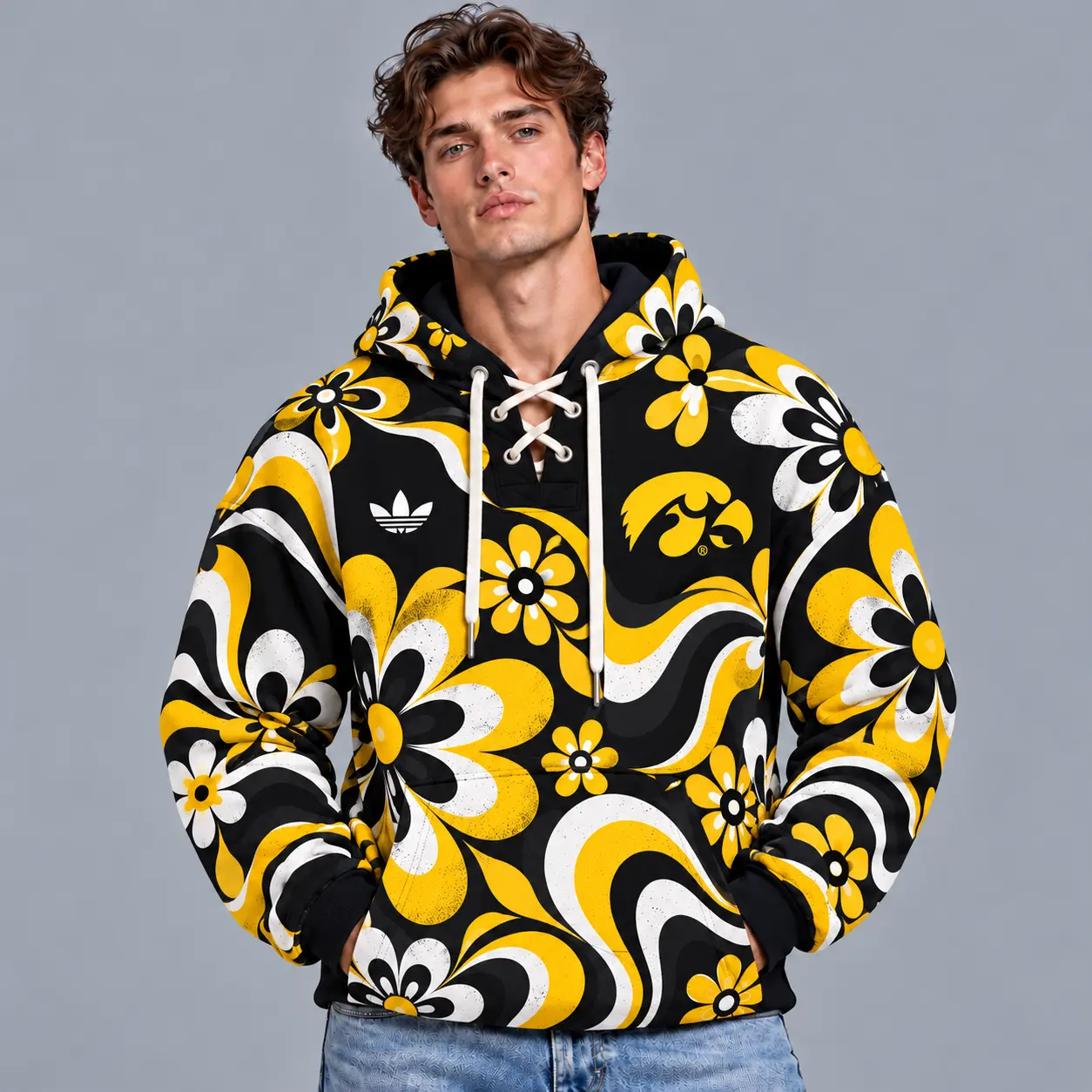 Iowa Hawkeyes | Premium NCAA Retro Groovy Floral Swirl Print Lace Up V Neck Pullover Hoodie NDN