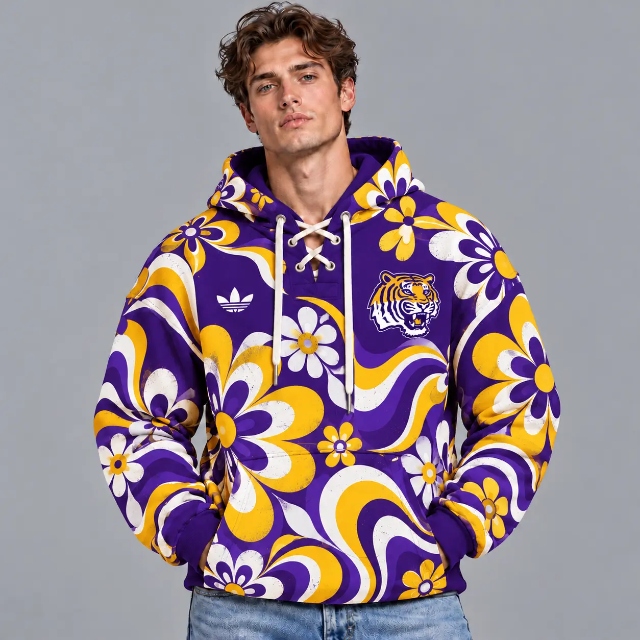 Lsu Tigers | Premium NCAA Retro Groovy Floral Swirl Print Lace Up V Neck Pullover Hoodie NDN