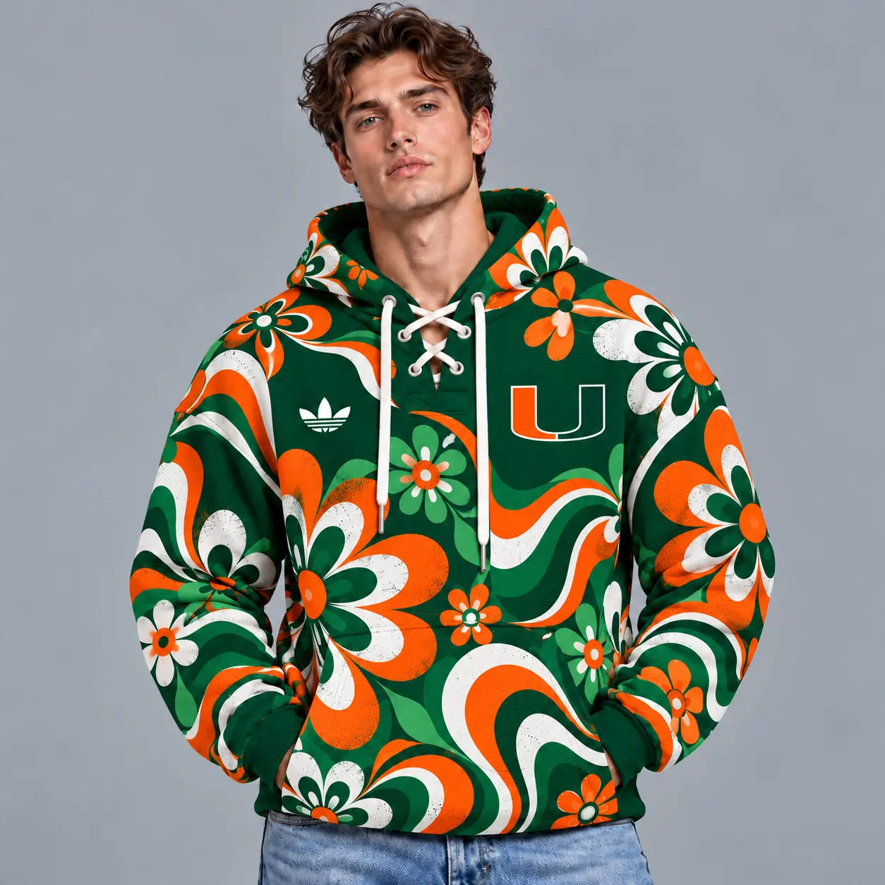 Miami Hurricanes | Premium NCAA Retro Groovy Floral Swirl Print Lace Up V Neck Pullover Hoodie NDN
