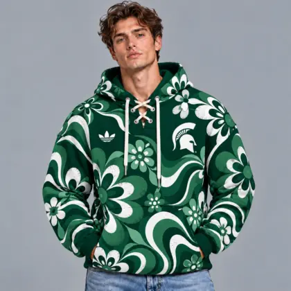 Michigan State Spartans | Premium NCAA Retro Groovy Floral Swirl Print Lace Up V Neck Pullover Hoodie NDN